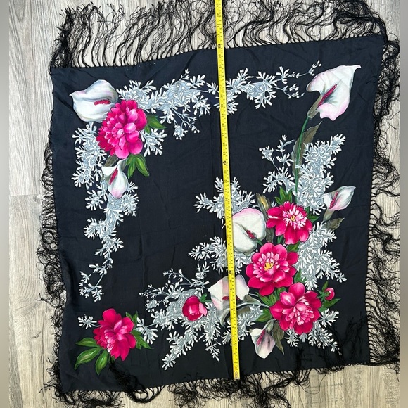 Floral Black Fringe Scarf - Picture 3 of 7